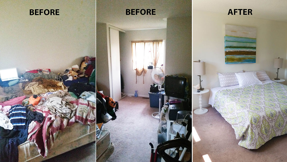before and after decluttering bedroom
