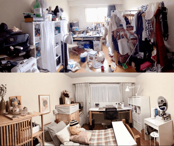 Bedroom extreme decluttering before and after
